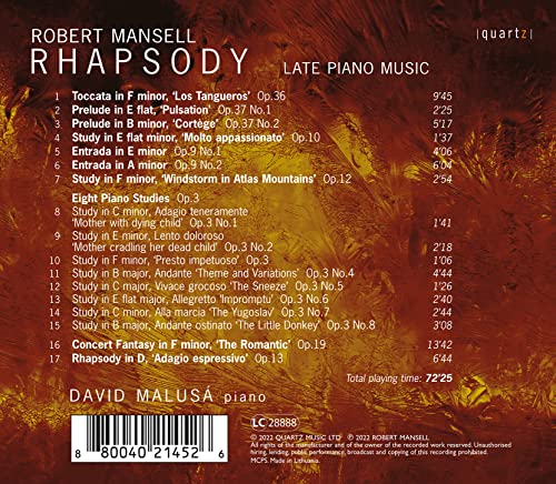 DAVID MALUSA - Robert Mansell: Rhapsody - Late Piano Music - CD image 2