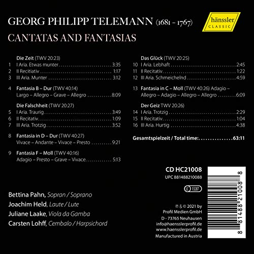 TELEMANN / PAHN / LO - CANTATAS & FANTASIAS - CD image 2
