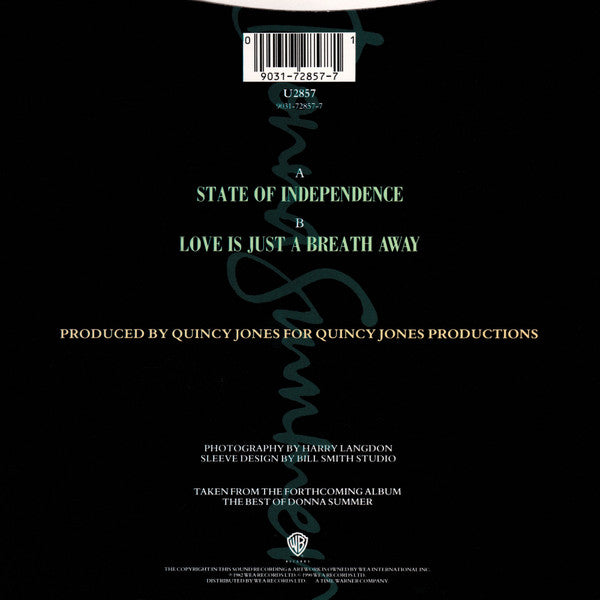 Donna Summer - State Of Independence - Used Vinyl Record 7" image 2
