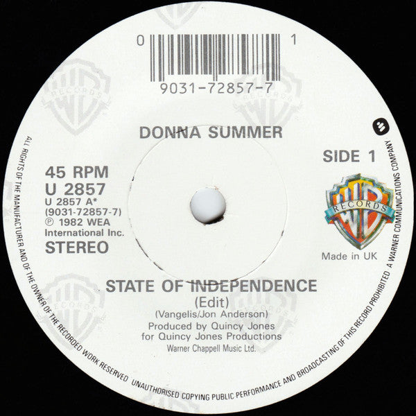 Donna Summer - State Of Independence - Used Vinyl Record 7" image 7