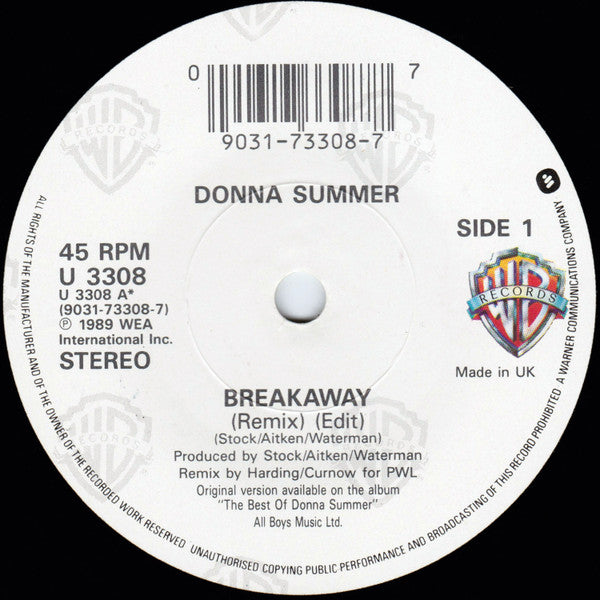 Donna Summer - Breakaway (Remix) - Used Vinyl Record 7" image 3
