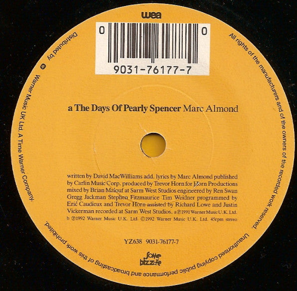 Marc Almond - Days Of Pearly Spencer - Used Vinyl Record 7" image 3