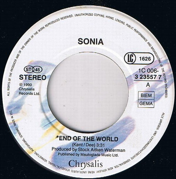Sonia - End Of The World - Used Vinyl Record 7" image 3