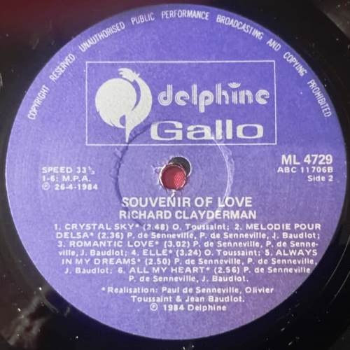 Richard Clayderman - Souvenier Of Love - Used Vinyl Record image 3