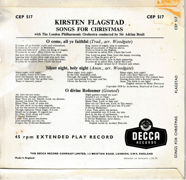 Kirsten Flagstad - Songs For Christmas - Used Vinyl Record 7" image 2