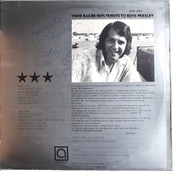 Vince Eager - Pays Tribute To Elvis Presley - Used Vinyl Record image 2