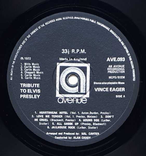 Vince Eager - Pays Tribute To Elvis Presley - Used Vinyl Record image 3