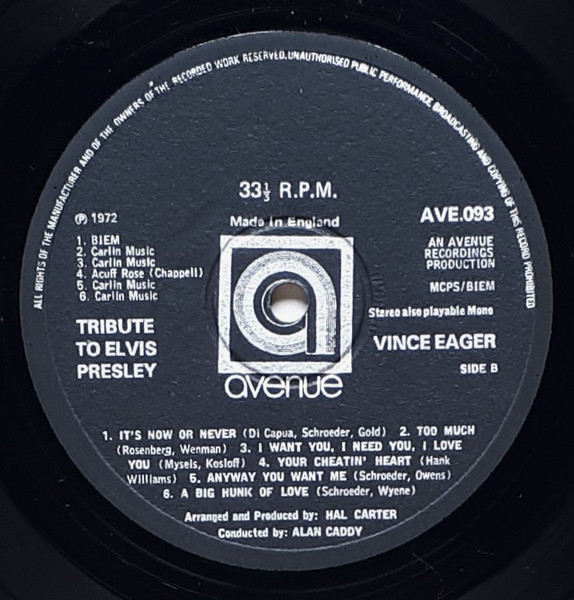 Vince Eager - Pays Tribute To Elvis Presley - Used Vinyl Record image 4