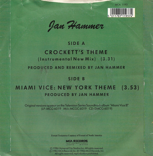Jan Hammer - Crockett's Theme - Used Vinyl Record 7" image 2