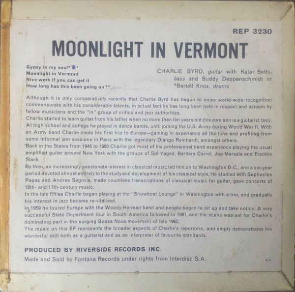 Charlie Byrd - Moonlight In Vermont - Used Vinyl Record 7" image 2