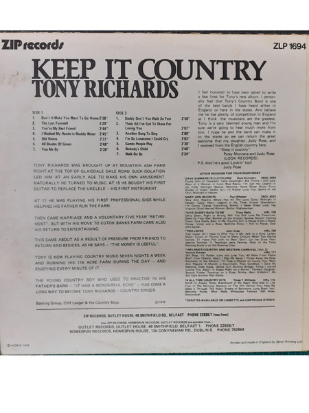 Tony Richards - keep it country - Used Vinyl Record image 2