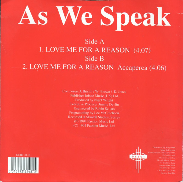 As We Speak - Love Me For A Reason - Used Vinyl Record 7" image 2