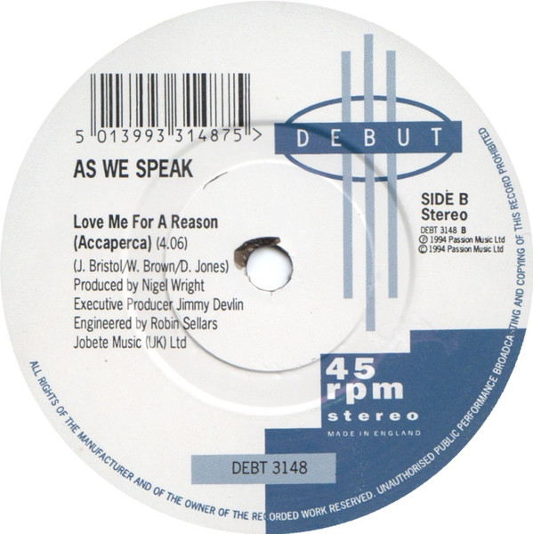 As We Speak - Love Me For A Reason - Used Vinyl Record 7" image 4