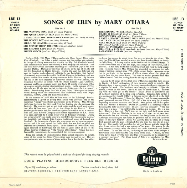 Mary O'Hara - Songs Of Erin - Used Vinyl Record image 2