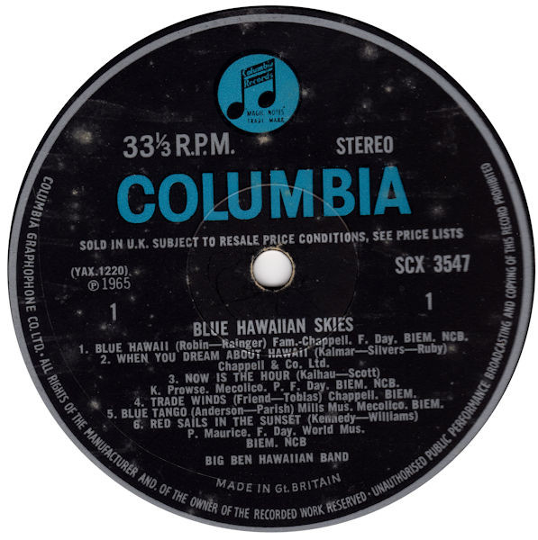 Big Ben Hawaiian Ban - Blue Hawaiian Skies - Used Vinyl Record image 3