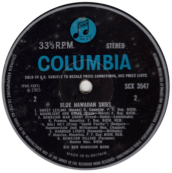 Big Ben Hawaiian Ban - Blue Hawaiian Skies - Used Vinyl Record image 4