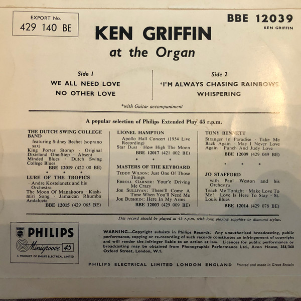 Ken Griffin - At The Organ - Used Vinyl Record 7" image 2