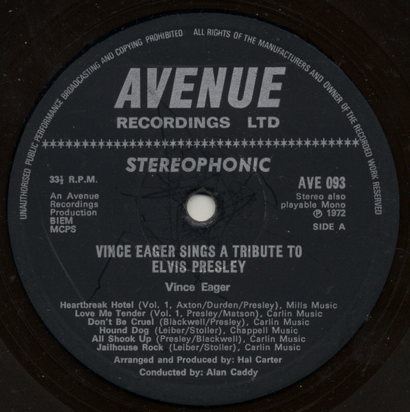 Vince Eager - Pays Tribute To Elvis Presley - Used Vinyl Record image 3