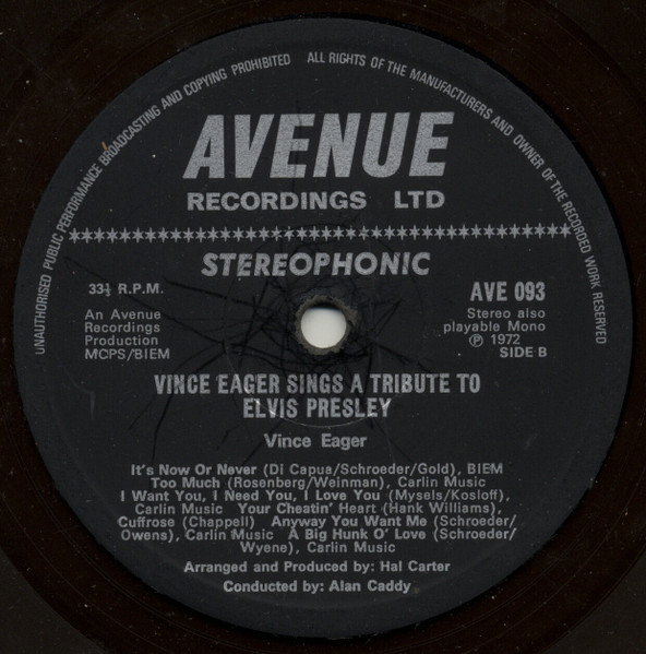 Vince Eager - Pays Tribute To Elvis Presley - Used Vinyl Record image 4