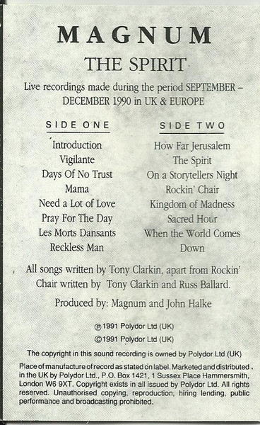 Magnum - Spirit - Used Cassette image 2