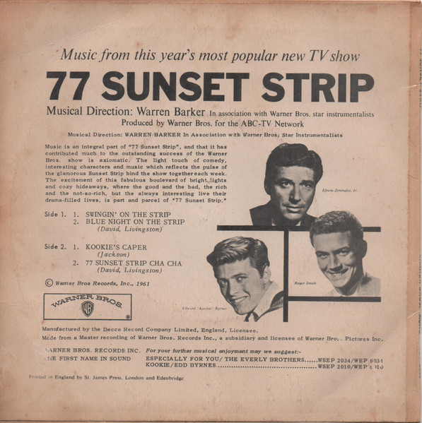 Warren Barker - 77 Sunset Strip - Used Vinyl Record 7" image 2