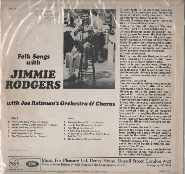 Jimmie Rodgers - Folk Songs With - Used Vinyl Record image 2