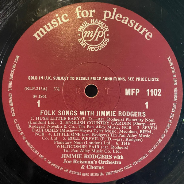 Jimmie Rodgers - Folk Songs With - Used Vinyl Record image 3