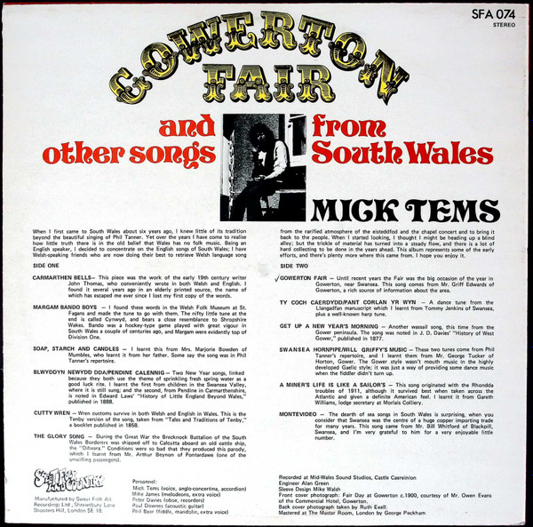 Mick Tems - Gowerton Fair and other songs from South Wales - Used Vinyl image 2