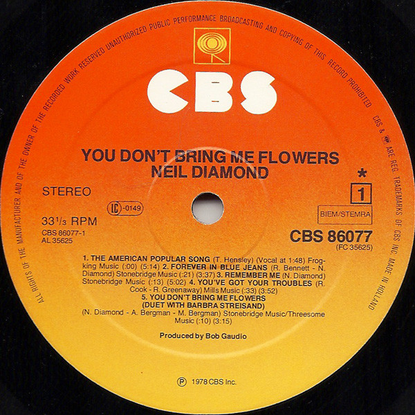 Neil Diamond - You Don't Bring Me Flowers - Used Vinyl Record image 3