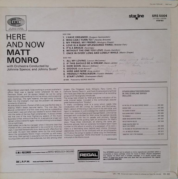 Matt Monro - Here And Now - Used Vinyl Record image 2