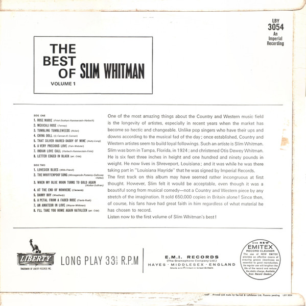 Slim Whitman - Best Of  Volume One - Used Vinyl Record image 2
