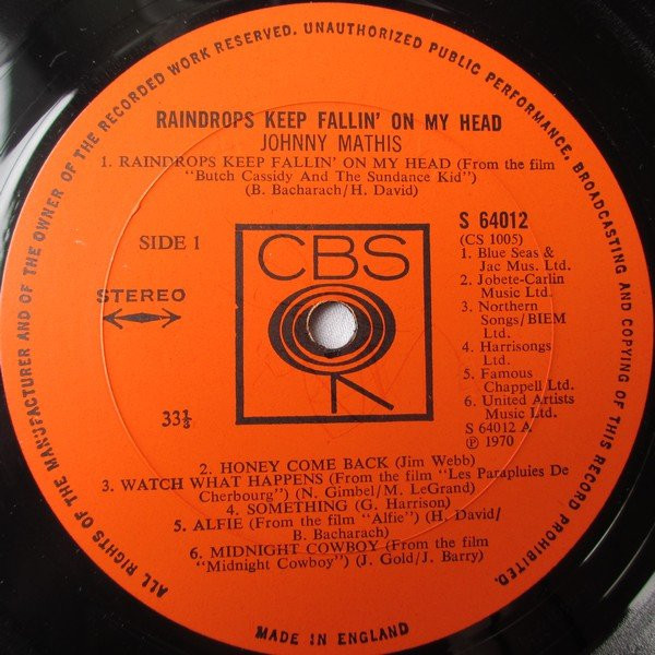 Johnny Mathis - Raindrops Keep Fallin' On My Head - Used Vinyl Record image 3
