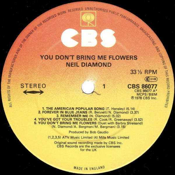 Neil Diamond - You Don't Bring Me Flowers - Used Vinyl Record image 3