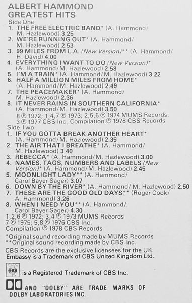 Albert Hammond - Greatest Hits - CBS - Used Cassette image 2