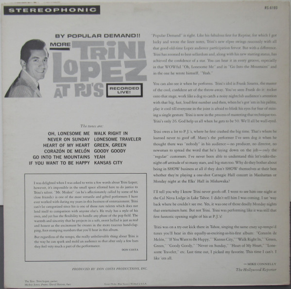 Trini Lopez - By Popular Demand More  At P.J.'s - Used Vinyl Record image 2