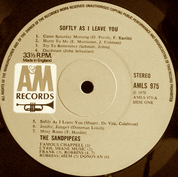 Sandpipers - Softly As I Leave You - Used Vinyl Record image 3
