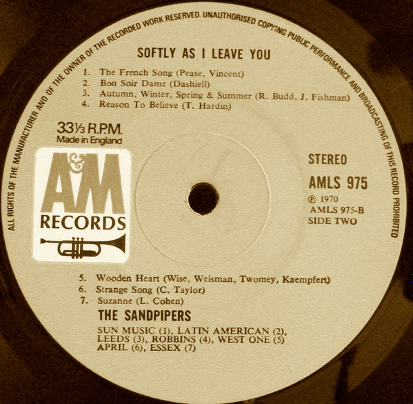 Sandpipers - Softly As I Leave You - Used Vinyl Record image 4