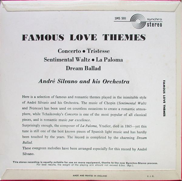 Andre Silvano And Hi - Famous Love Themes - Used Vinyl Record 7" image 2