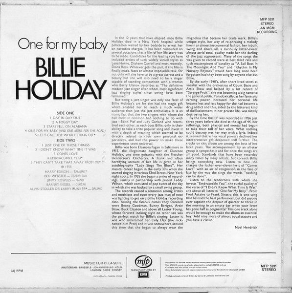 Billie Holiday - One For My Baby - Used Vinyl Record image 2