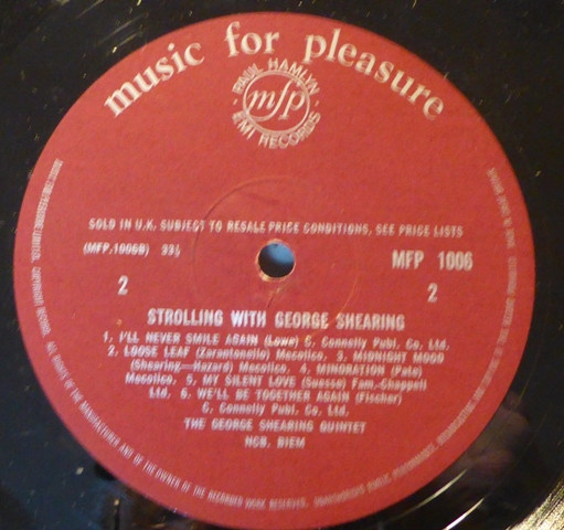 George Shearing Quin - Strolling With George Shearing - Used Vinyl Re image 4