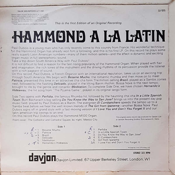 Paul Dubois - Hammond A La Latin - Used Vinyl Record image 2