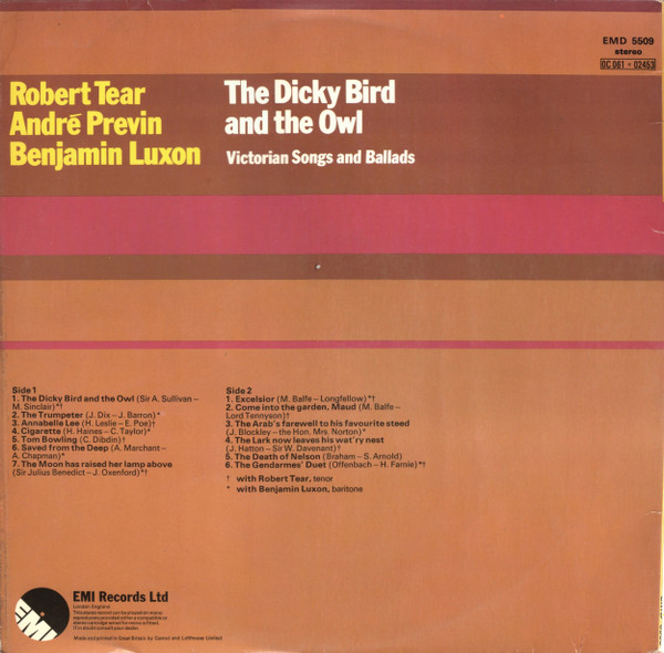 Robert Tear - Dicky Bird And The Owl (Victorian Songs And Ballads) - Us image 2