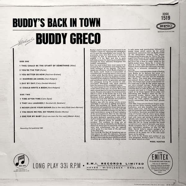Buddy Greco - Buddy's Back In Town - Used Vinyl Record image 2