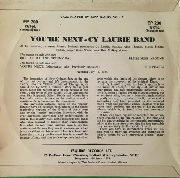 Cy Laurie And His Ba - You're Next - Used Vinyl Record 7" image 2