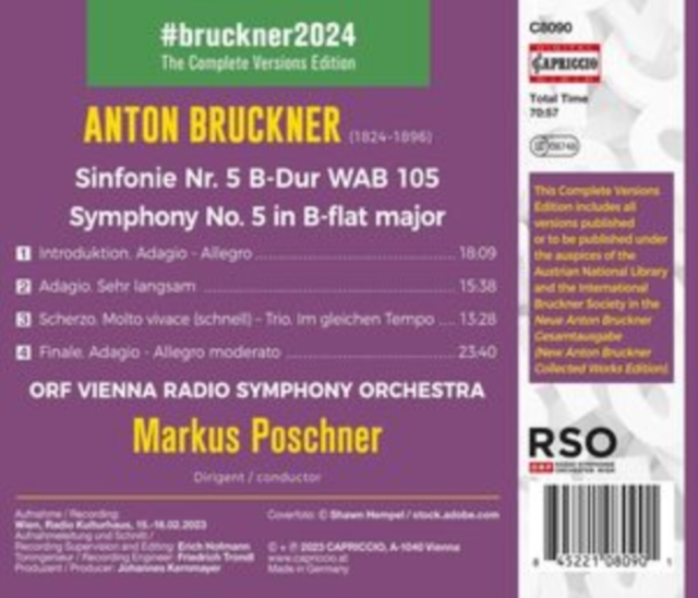 ORF VRSO/POSCHNER - BRUCKNER - SYMPHONY NO 5 - CD image 1
