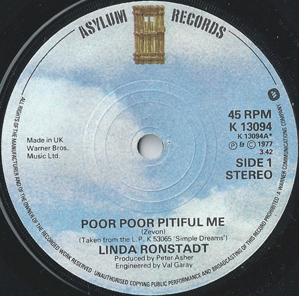 Linda Ronstadt - Poor Poor Pitiful Me - Used Vinyl Record 7" image 1