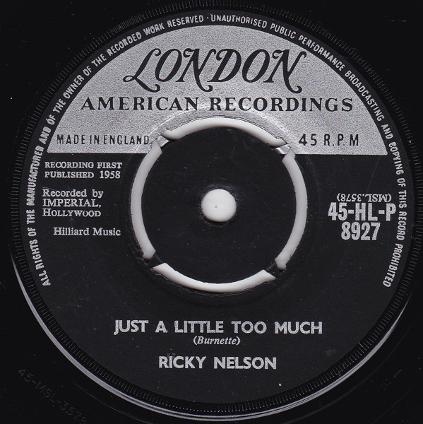 Ricky Nelson - Just  A Little Too Much - Used Vinyl Record 7" image 1