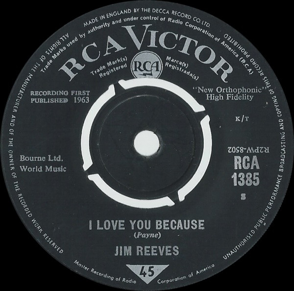 Jim Reeves - I Love You Because - Used Vinyl Record 7" image 1