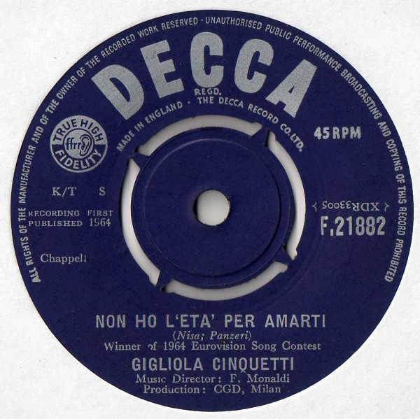 Gigliola Cinquetti - Non Ho L'Eta' Per Amarti - Used Vinyl Record 7" image 1