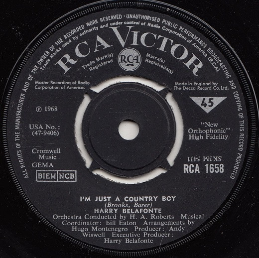 Harry Belafonte - I'm Just A Country Boy - Used Vinyl Record 7" image 1